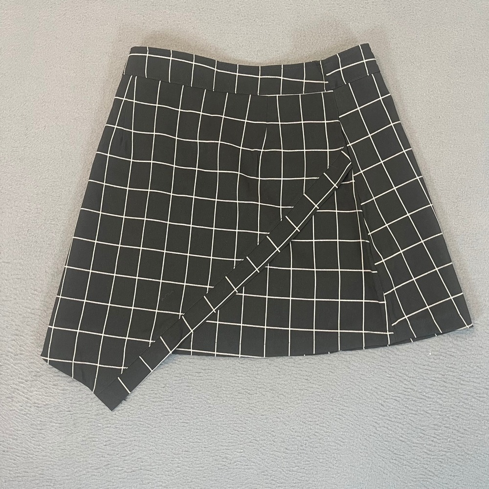 Black White Windowpane Grid Asymmetrical Wrap Mini Skirt Womens Medium Unbranded